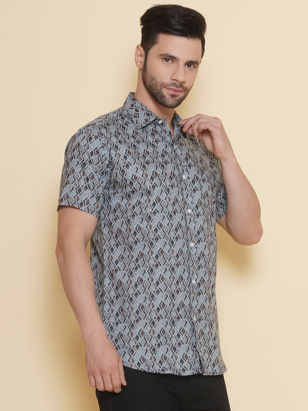 Louis Monarch Men Regular Fit Sky Blue Printed Spread Collar Casual Half Shirt